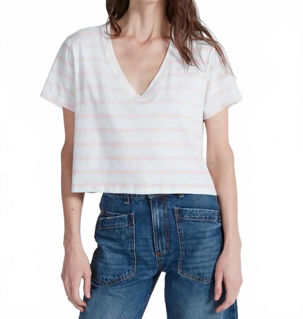 NEW ASKK NY shrunken v-neck stripe tee in white/pink